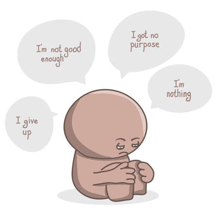 Cartoon person in depression sitting on floor. Negative thoughts around man. Hand drawn vector illustration.のイラスト素材