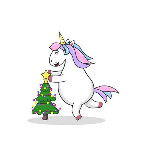 Cartoon unicorn decorate Christmas tree placing the star on top. Hand drawn vector illustration.のイラスト素材