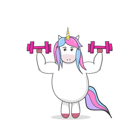 Cute unicorn does exercises with dumbbells. Hand drawn vector illustration in cartoon style.のイラスト素材