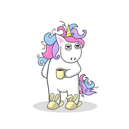 Cute unicorn with a cup of coffee. For print, t-shits, greeting cards, poster. Hand drawn vector illustration in cartoon style.のイラスト素材