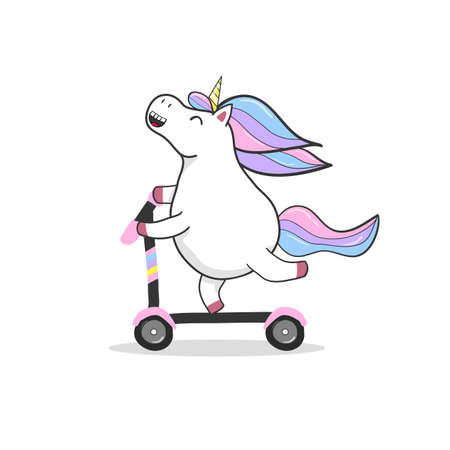 Cute unicorn riding kick scooter. For print, t-shits, greeting cards, poster. Hand drawn vector illustration in cartoon style.のイラスト素材
