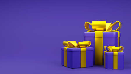 Discount banner design with 3d rendering purple gift boxes with bows and ribbons. 3d illustrationの写真素材