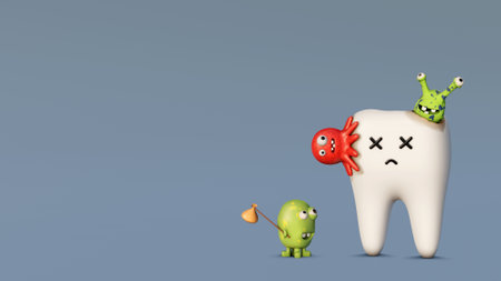 Funny cartoon sick tooth with bacteria. 3D rendered Illustrationの写真素材