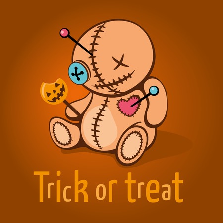 Cute Halloween invitation or greeting card with cartoon Voodoo Dollのイラスト素材