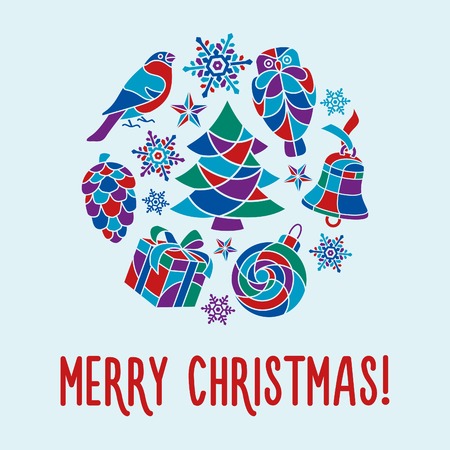 Merry Christmas vector card with set of festive attributesのイラスト素材