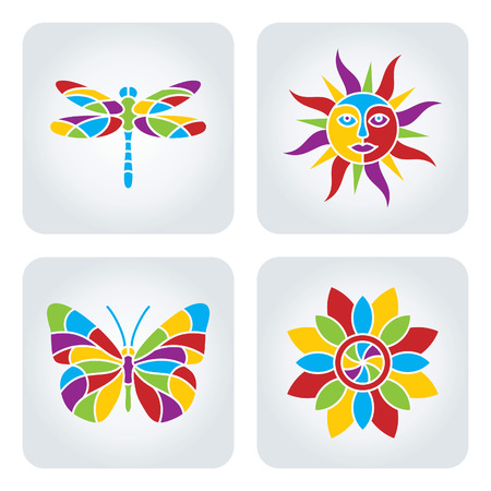 Set of 4 vector multicolor summer iconsのイラスト素材