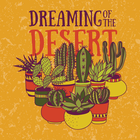 Hand-drawn vector illustration with succulents in pots.のイラスト素材