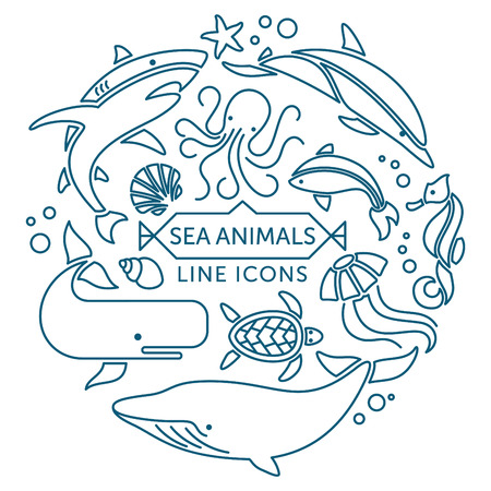 Set of vector outline sea animals icons arranged in circleのイラスト素材
