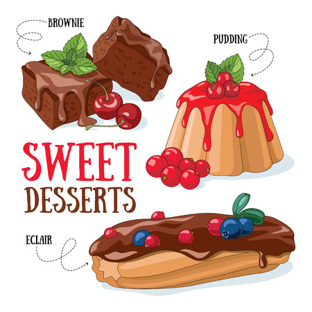 Set of vector desserts illustrations: brownie, pudding, eclair.のイラスト素材