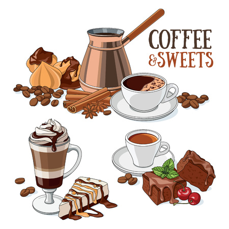 Different types of coffee and sweet desserts. Set of vector illustrations.のイラスト素材