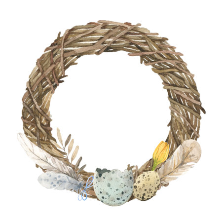 Easter wreath with eggs and feathers. watercolor illustration.の写真素材