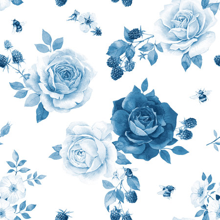Watercolor roses hand drawn illustration on white background. Seamless pattern in blue tonesの写真素材