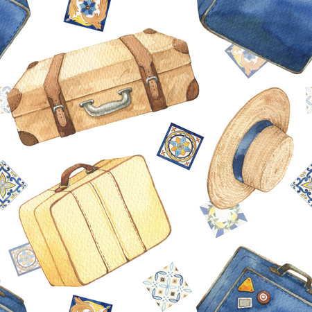Hand drawn watercolor suitcase illustration. seamless patternの写真素材