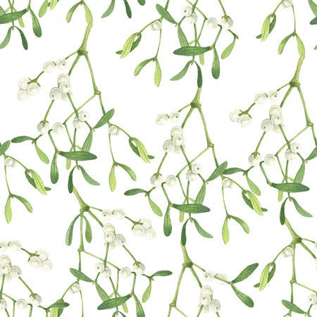 Watercolor misteltoe illustration. Seamless pattern, background with the branches of mistletoe. Isolated on white background.の写真素材
