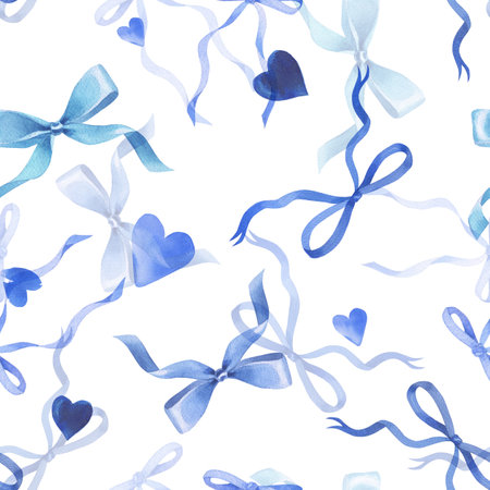 Hand drawn watercolor blue bows and ribbons. Seamless pattern. Valentines design for romantic invitations design, coquette core, girls decorの写真素材