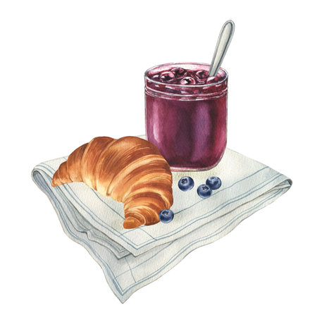 Blueberry jam and croissant on the kitchen towel illustration.の写真素材