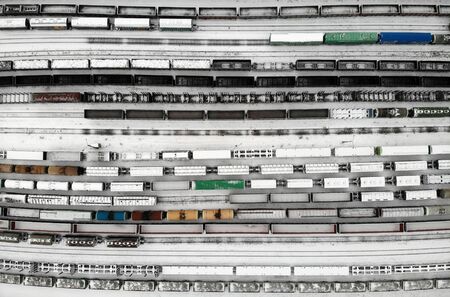 Aerial view from the top Classification marshalling yard trains and railroad with locomotives and different wagonsの写真素材