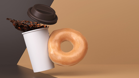 Glazed donut tips over hot coffee in this 3d studio environment.の写真素材