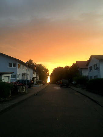 a typical town in Germany, with traditional house in a sunset sceneの写真素材