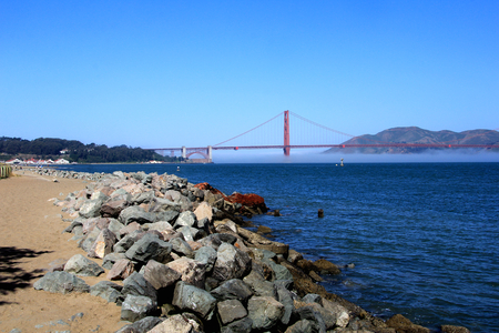 Classic panoramic view of famous Golden Gate Bridge in summer, San Francisco, California, USA.の写真素材