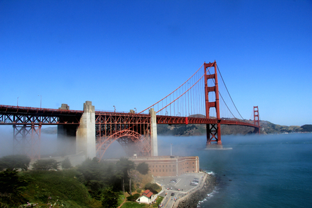 Classic panoramic view of famous Golden Gate Bridge in summer, San Francisco, California, USA.の写真素材