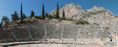 Panoramic view of Ancient theater in Delphi, Greece in a summer day.