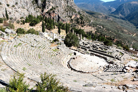The view on amphitheater, in the archaeological site of Delphi, Greece.の写真素材