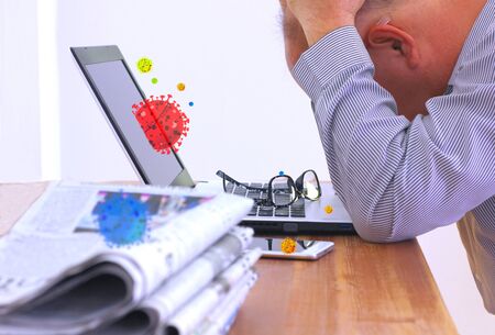the worker is working in office with illustrations of corona virus that outbreak in office environment.の写真素材