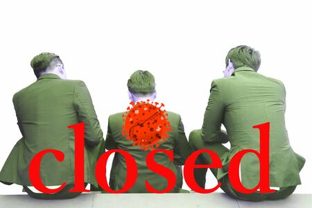 the workers is suit sitting on floor  isolare on white background with illustrations on corona virus . long term outbreak make effect many business closed.の写真素材