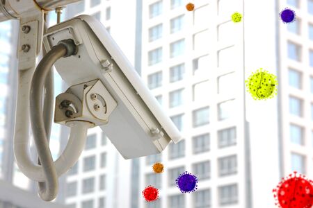 the cctv camera with illustration of corona virus outbreak in the air . the new technelogy in the future the camera scane and kill virus immediately.の写真素材