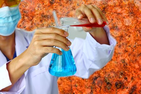handsome researcher in white suit is mixing new drug for take care  pet or people  in laboratory  on white background.copy space.の写真素材