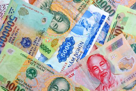 dong Vietnam money.Vietnamese banknotes many worth.Ho Chi Minh image on  banknoteの写真素材