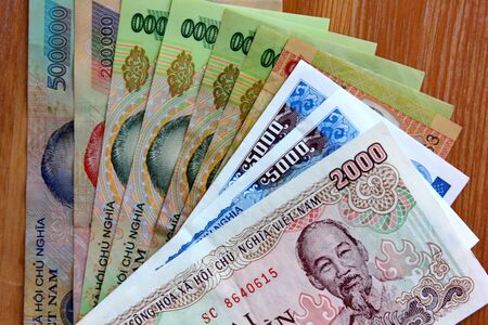 dong Vietnam money.Vietnamese banknotes many worth.Ho Chi Minh image on  banknoteの写真素材