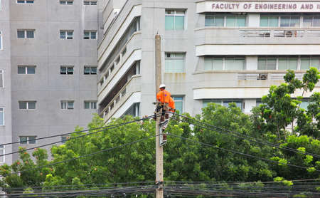 BANGKOK,THAILAND- 16 OCTOBER;2019:Electrical engineers and employees are moving and installing....