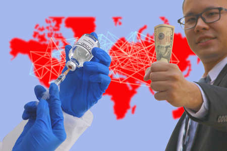doctor using syrienge vacuuming covid 19 vaccine with money in business hand on world map background