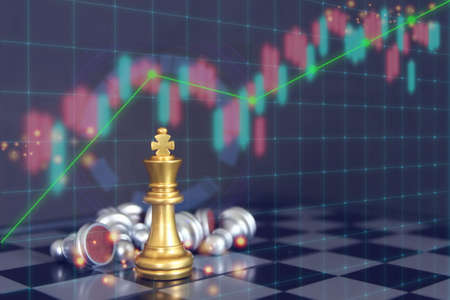 golden king chess on board with line square connect stock graph abstract background, business conceptの写真素材