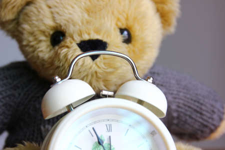 close up alarm clock ring bell with teddy bear backgroundの写真素材