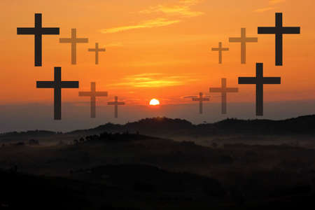 illustration cross with landscape sun rise multi color sky abstract nature backgroundの写真素材