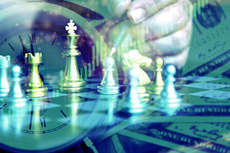 chess pieces on American dollar bank note  with infographfic trend , business idea strategy concept