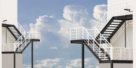 iron stairs painted in black and white color . geometric shape pattern on blue sky white cloud...