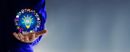 futuristic digital business icon on male palm , business idea conceptの写真素材