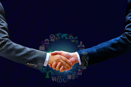 Businessmen shaking hands, business cooperation, exchanging business information in the vast...