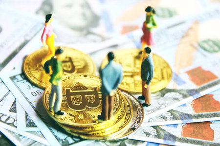 top view people figure standing over  bit coin on dollar bank note, business bit coin conceptの写真素材