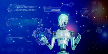 3d rendering humanoid robot or cyborg with virtual graphic interface on blue background