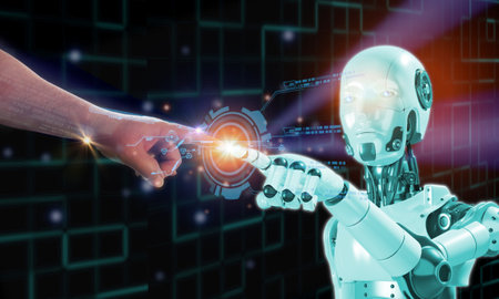 human finger touching 3D robotic finger at glow with element futurictic document digital icon, AI artifical intelligence emulate human work and betterの写真素材