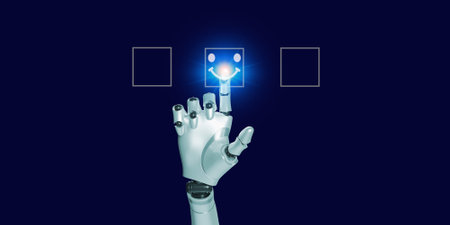 AI artiicial intelligence hand touching smile icon glowing eauty blue light  in square  shapeの写真素材