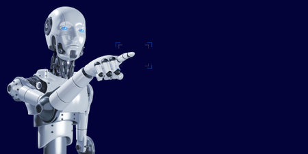 3D robotic pointing finger to square area copy space isolate on blueの写真素材