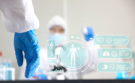 the researcher in virus protective suit working in lab with element futuristic digital medical icon
