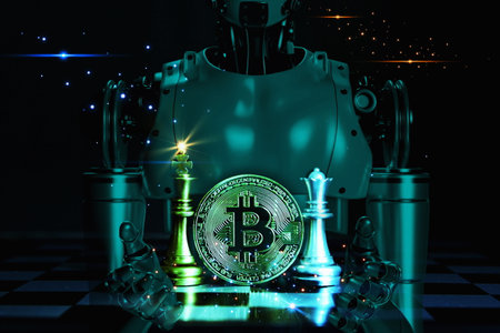 bitcoin between golden king chess silver queen chess on board with robotic glow light , business conceptの写真素材