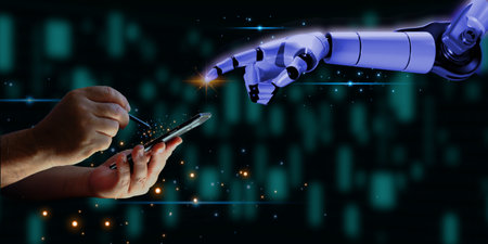 human using smart phone chatting with artificial intelligence algorithm processing planing businessの写真素材